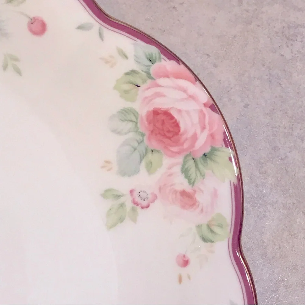 Mikasa Wellington Cake Plate FX013 Rosemead Scalloped Gold Rim Pink Roses Fruit